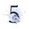 Number five decorated royal blue rose with leaves and watercolor splash on transparent background.