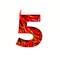 Number five made of red chili pepper and paper cut shape of fifth numeral isolated on white. Font of spicy vegetables