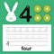 Number four, card for kids learning to count and to write, worksheet for kids to practice writing skill, Vector illustration