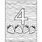 Number four learning page coloring, fruit and volumetric figure with a striped background for kids activity