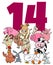 Number fourteen for kids with cartoon farm animals group