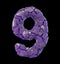 Number nine 9 made of broken plastic purple color isolated black background