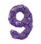 Number nine 9 made of broken plastic purple color isolated white background