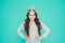 Number one. Kid wear golden crown symbol of princess. Girl cute baby wear crown blue background. Success and happiness