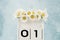 Number one with wooden cubes decorated with daisy flowers