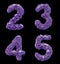 Number plastic set 2, 3, 4, 5 made of 3d render plastic shards purple color.