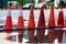 A number of red traffic cones, limiting the passage