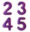 Number set 2, 3, 4, 5 made of realistic 3d render purple color. Collection of natural snake skin texture style symbol