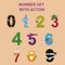 Number set with action, like hero, cake, robot, fashion, cycle, with various color