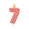 Number-shaped candle for age of 7 birthday. Wax decoration for 7th year anniversary. Bday cake decor with glowing flame