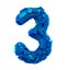 Number three 3 made of broken plastic blue color isolated white background