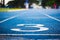 Number three on the start of a running track .Blue treadmill with different numbers and white lines.Selective focus on Number.