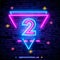 Number two symbol neon sign vector. Second, Number two template neon icon, light banner, neon signboard, nightly bright