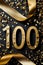 The numbers 100 in beautiful gold and black, gold ribbon, 100 celebration.