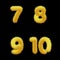 The numbers from 7 to 10 are drawn in yellow with a golden gradient, the effect is fluffy, soft. Print on a black background