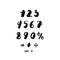 Numbers and arithmetic signs ink handwritten textured lettering. Hipster and vintage style.