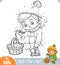 Numbers game, education game for children, Cute little girl gathers mushrooms in a basket
