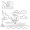 Numbers game for kids. Coloring Page Outline Of a Boy fisherman with a fishing rod in boat. Coloring book for children