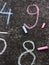 Numbers written in colorful chalk on the asphalt