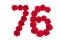 Numeral 76 made of red roses on a white isolated background. Element for decoration. seventy six. Red roses