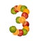 Numeral three of multi-colored fruits, collage isolated on white background