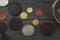 Numismatics. Old collectible coins of silver, gold and copper on the table