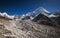 Nuptse or Nubtse mountain 7861m panorama shot with Khumbu Glacier on the foreground, Gorakshep. Khumbu Glacier is the world`s