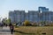 Nur-Sultan / Kazakhstan - 09.30.2020 : City views: road, residential buildings and objects under construction in the center of the