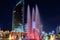 Nur-Sultan, Kazakhstan, August 2019, Fountains with lighting on the background
