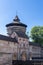 Nuremberg city wall with gate Neutor, tower Neutorturm, bridge and bastion, behind the wall is the old town