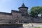 Nuremberg city wall with gate Neutor, tower Neutorturm, bridge and bastion, behind the wall is the old town