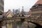 Nuremberg, Germany, January 2020. View of the Pegnitz River, German houses and bridges. An interesting trip to Germany