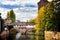 Nuremberg, Hangman`s Bridge over the Pegnitz River. Franconia, Germany