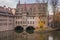 Nuremberg landmark. Medieval hospital museum house over canal. Old town of Nuremberg, Germany. Autumn landscape in old town.