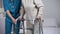 Nurse bringing patient walking frame, rehabilitation after hip joint replacement