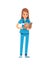 Nurse cartoon medical staff. Female doctor in blue uniform and stethoscope, surgeon or pharmacist standing, dentist