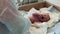 Nurse in gloves cut and tie up umbilical cord to newborn crying baby in maternity hospital.