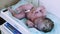 Nurse in gloves weigh newborn little baby on scales in maternity hospital after birth. Clinic