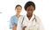 Nurse going over a file and smiling at colleague