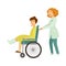 Nurse helping patient in wheelchair vector cartoon characters