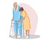 The nurse helping senior patient using a walking frame to walk. Senior man exercising with walker and physiotherapist