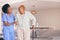 Nurse, holding hands and senior black woman with walking stick, help or smile in home. Caregiver, support and elderly