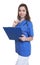 Nurse with long dark hair and Clipboard looking at camera