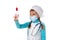 Nurse with medical face mask and a syringe with a drug, landscape white background