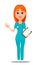 Nurse, medical worker in blue uniform tunic and trousers with stethoscope, holding clipboard and waving hand.