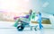Nurse moves mobile medical chair with patient at hospital. Medical equipment. Blurred abstract background