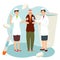 Nurse old patient in cartoon flat style. Two young nurses offer help to an older man with a sore arm. Health concept. Medical home