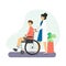 Nurse with patient sitting in wheelchair in hospital, flat vector illustration. Medical care for disabled people.