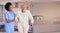 Nurse, portrait and senior black woman with cane, help and smile in home. Caregiver, support and elderly patient with a