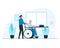 Nurse pushing an elderly man in a wheelchair. Vector concept illustration of young smiling female nurse helping happy senior man